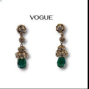 Vintage Vogue Crystal Irridescent Dangle Earrings - Gold Tone Clip On